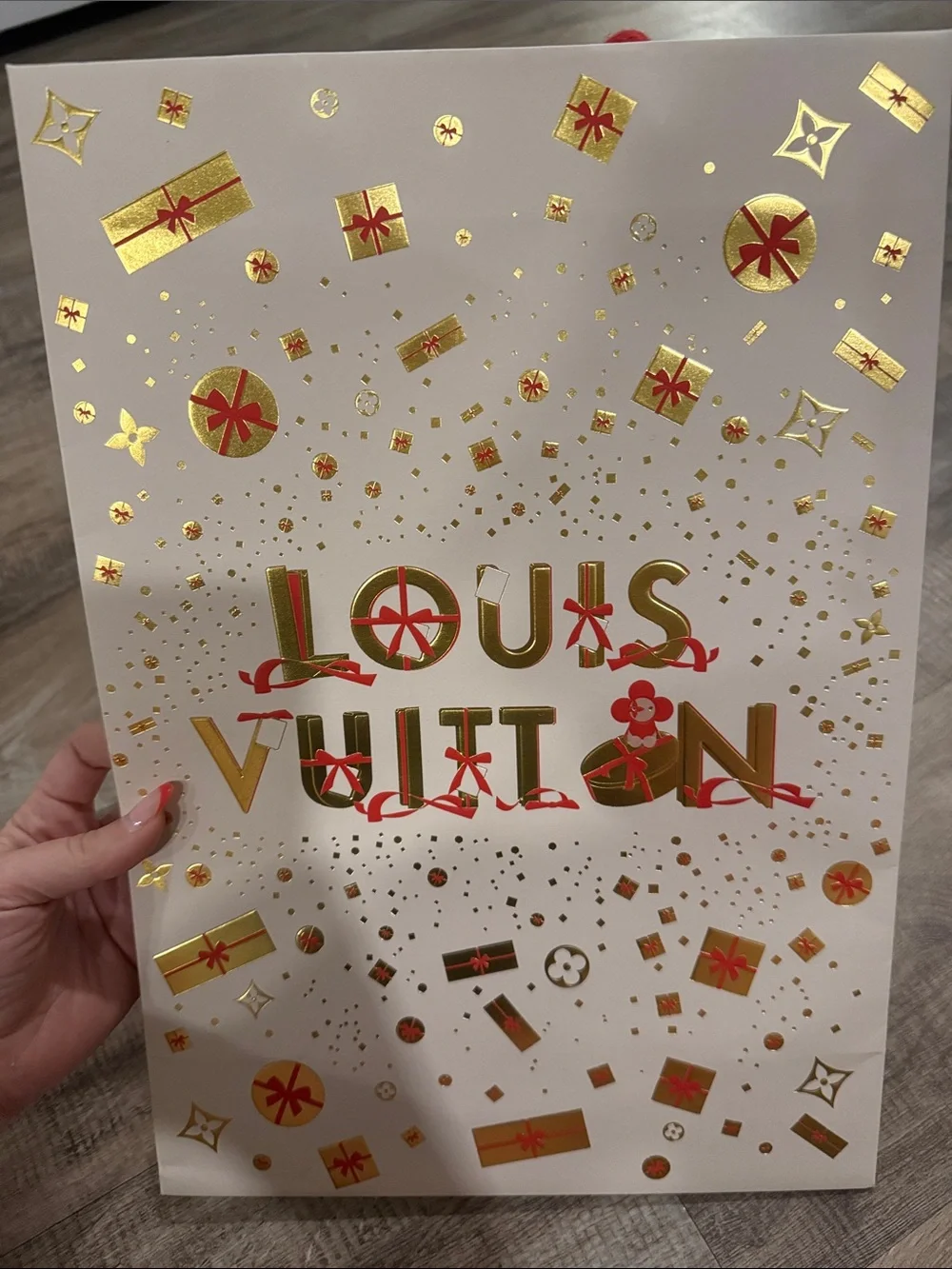 Louis Vuitton White Gift Bag with Gold Foil and Red Handles